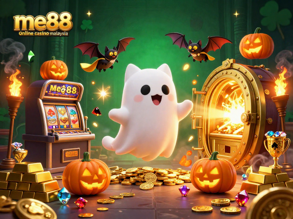 Win big at me88 online casino Malaysia with a playful ghost cat and engaging gaming elements.
