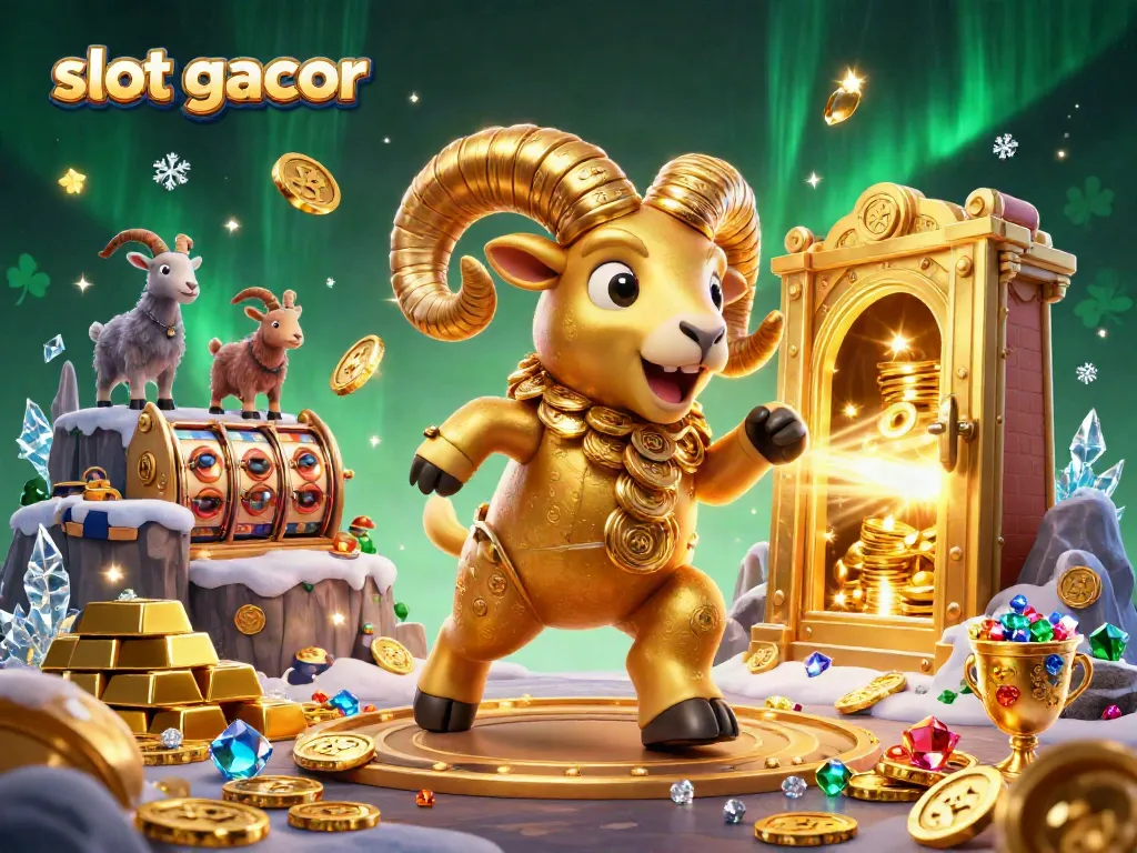 Slot gacor menampilkan ram emas 3D yang menggebrak gerbang berkilau dalam suasana kasino megah.