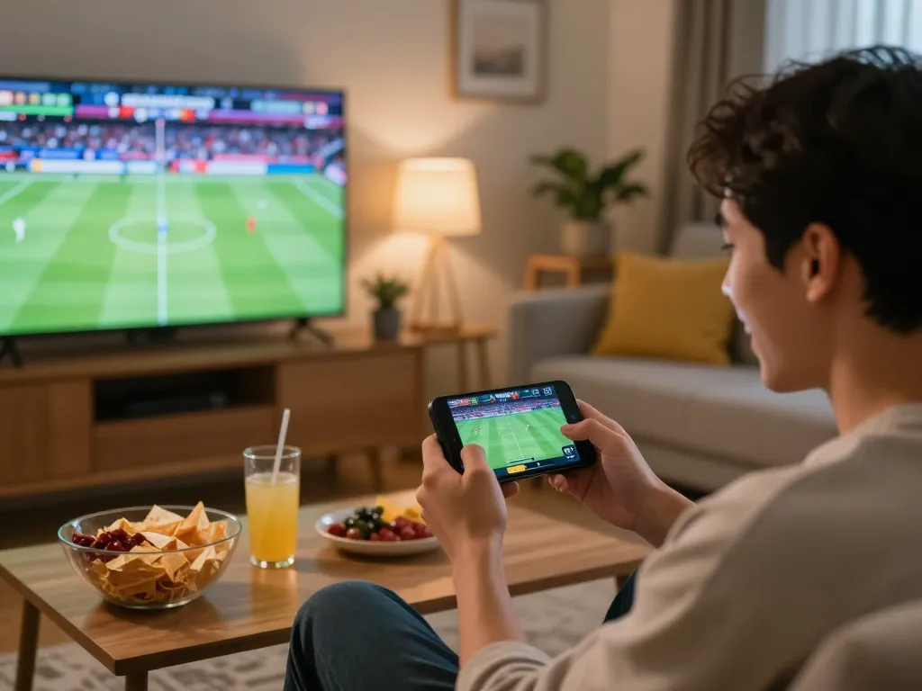 Engaged user placing sports bets on Okwintv, in a cozy home environment with snacks and drinks.
