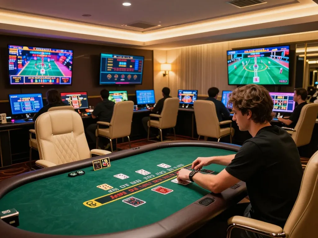 Player enjoying live dealer blackjack at NK 88 casino with engaging atmosphere and multiple screens