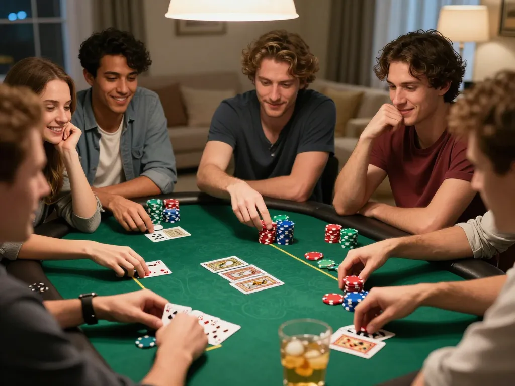 Poker night excitement with friends playing Texas Hold'em at home, showcasing mb66ac's engaging gameplay atmosphere.