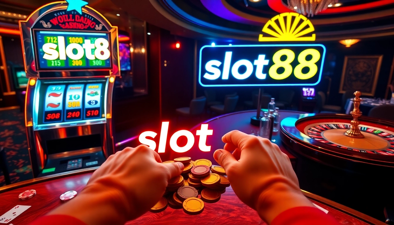Spin the reels on slot88 in a dazzling casino ambiance with colorful chips and cards.