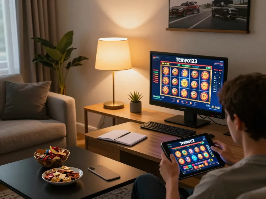 Tempo123 user engaged in online gaming with tablet displaying vibrant slot reels, comfortable home setting
