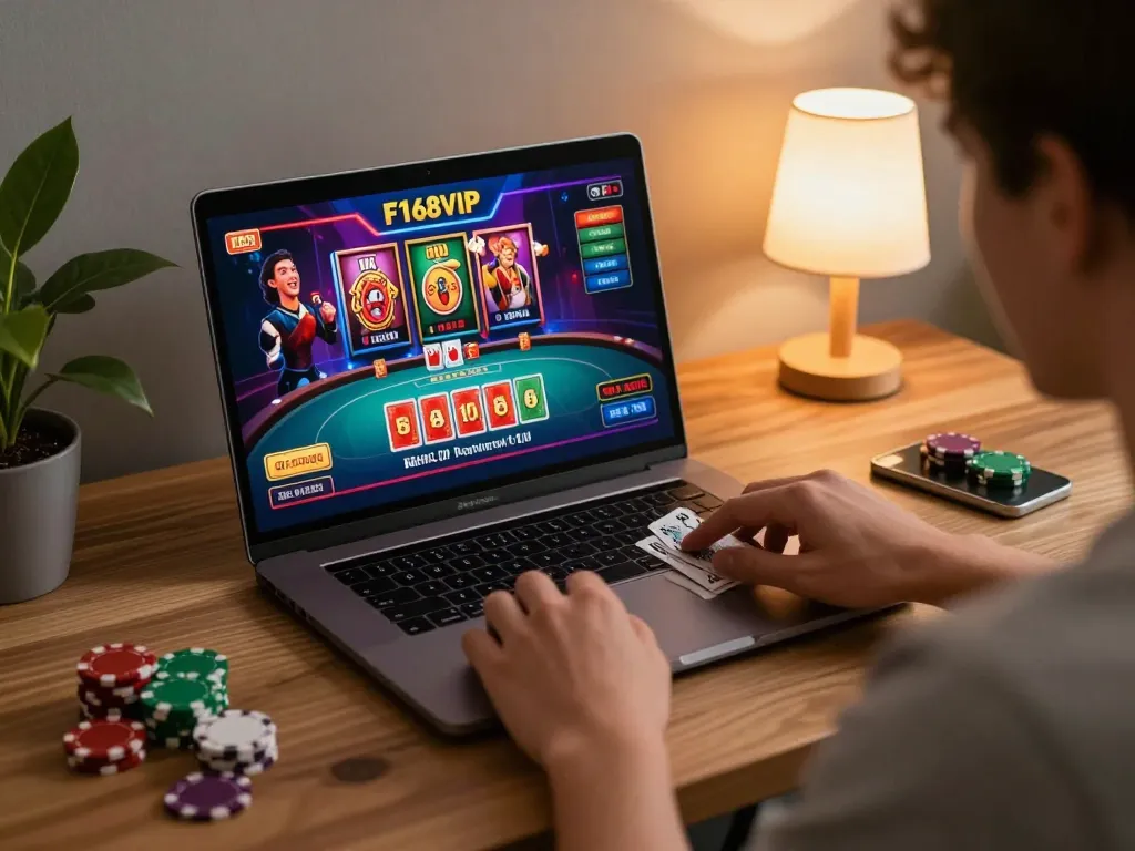 Engaging in F168VIP online casino gameplay at home with vibrant graphics on the screen.