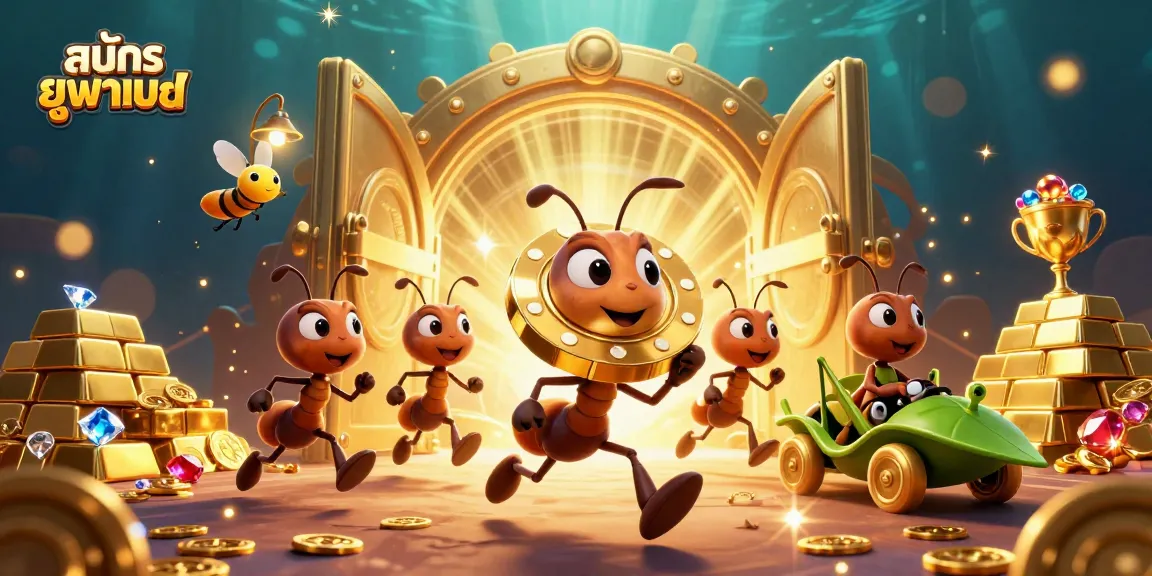 Join the action and Signup for สมัครยูฟ่าเบท with a thrilling heist illustration featuring ants and treasure.