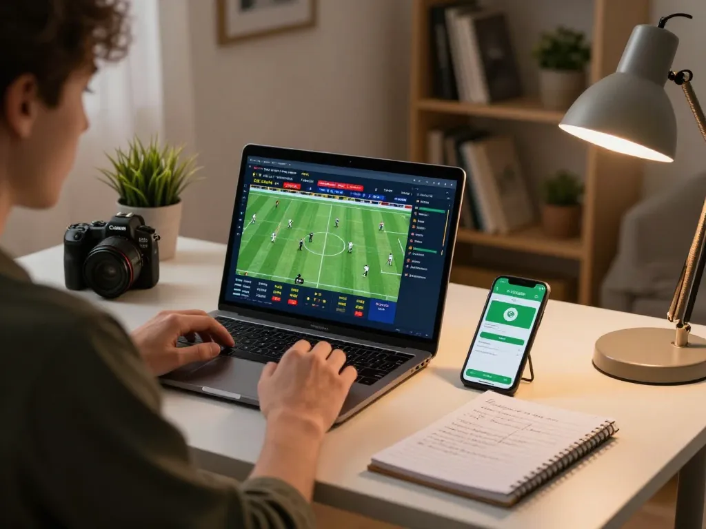 Engaging in sports betting with keonhacai on laptop, showcasing live odds and strategic notes.