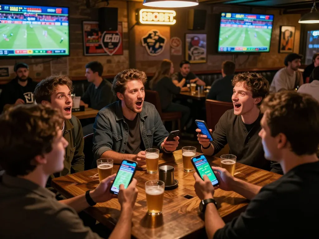 sbobet betting action in a lively sports bar, displaying app on smartphone and enthusiastic patrons