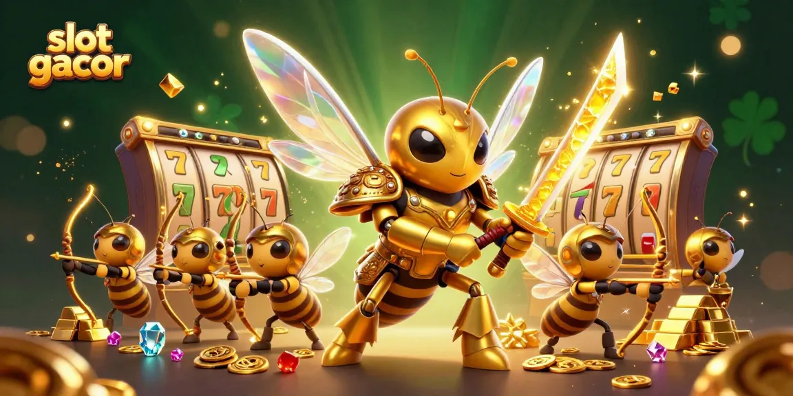 Experience the thrill of slot gacor as a giant golden hornet leads bee archers in a vibrant casino scene.