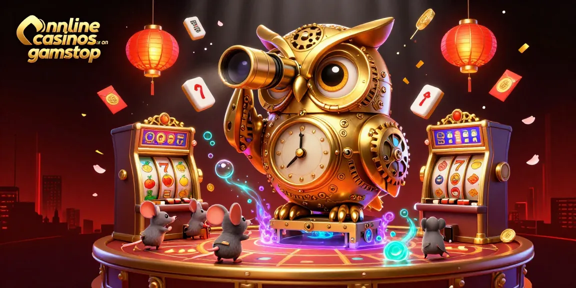 Explore the exciting world of online casinos not on gamstop, featuring a dynamic 3D illustration of a golden owl and vibrant game elements.