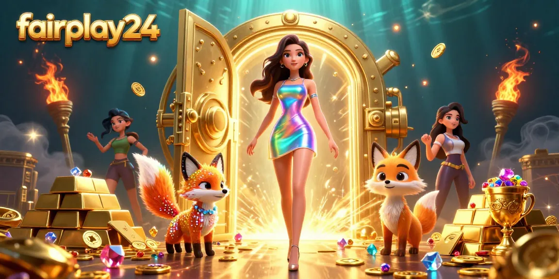 Bet on fairplay24: Join vibrant gameplay with a dazzling lady and a digital fox amidst treasure.