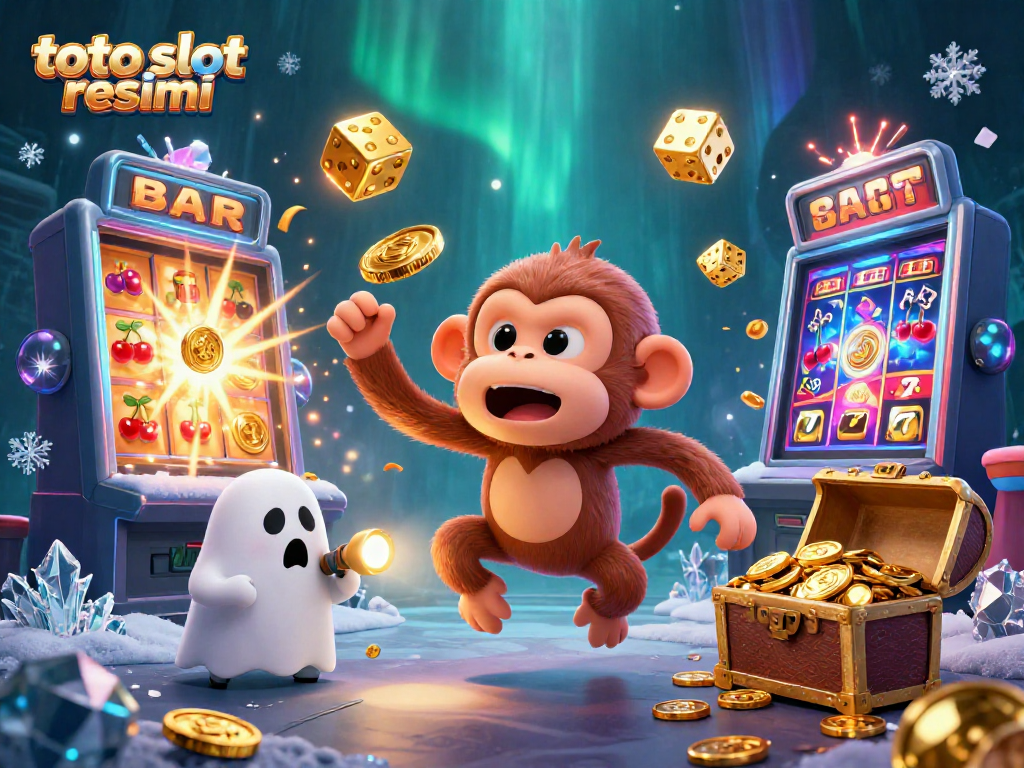 Engage with the thrilling atmosphere of toto slot resmi featuring a mischievous monkey and ghost-hunter puppy amidst a dazzling casino scene.