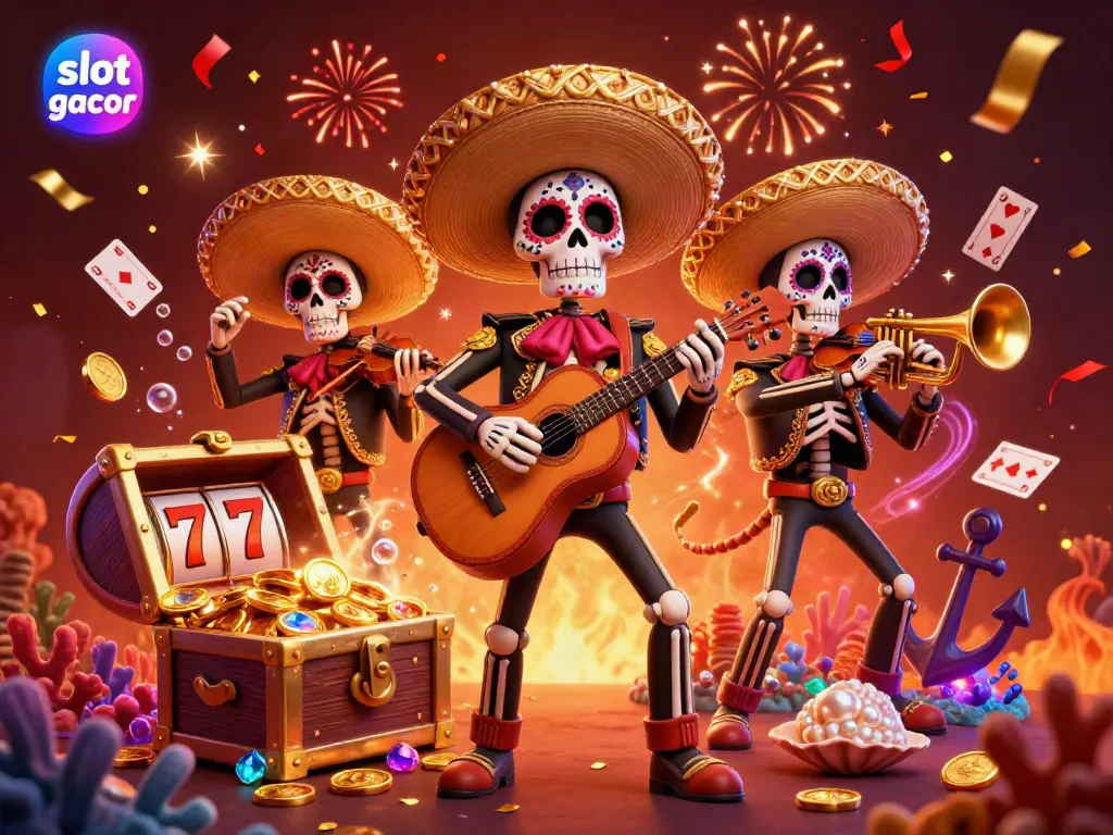 Experience the excitement of slot gacor with vibrant Dia de los Muertos skeletons celebrating among colorful casino elements.