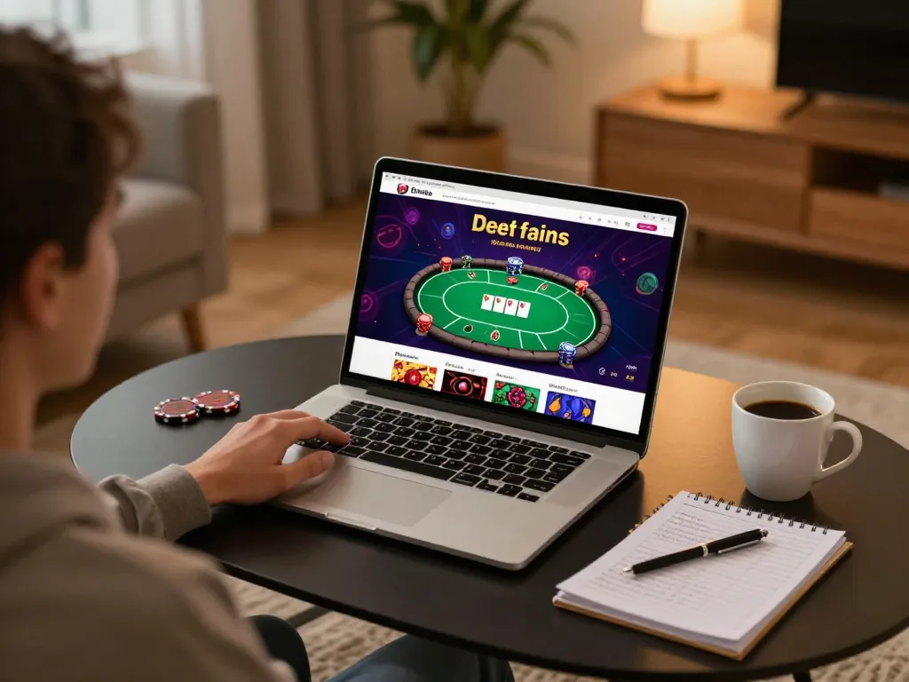OKFUN player engaging in exciting online poker gameplay on laptop in cozy home setting.
