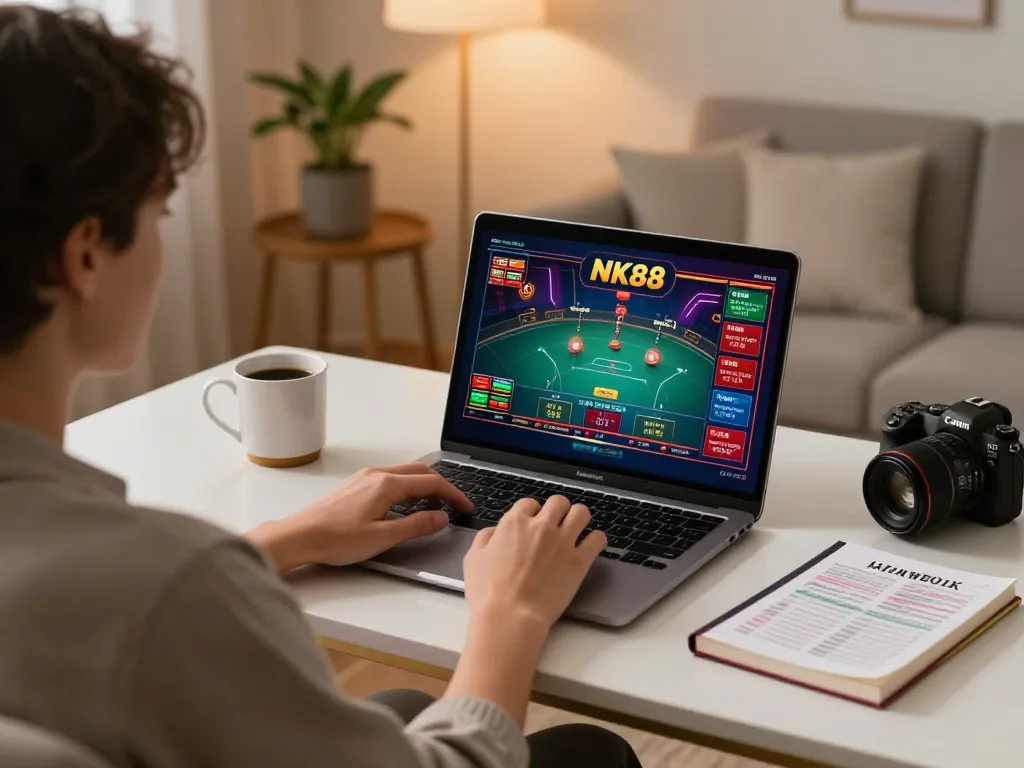 Player engaging in online casino game at NK88 while balancing strategy notes amid a cozy home setting.
