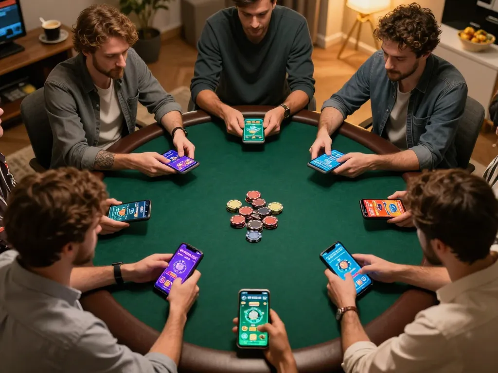king33 players enjoying an online poker game on smartphones in cozy home environment