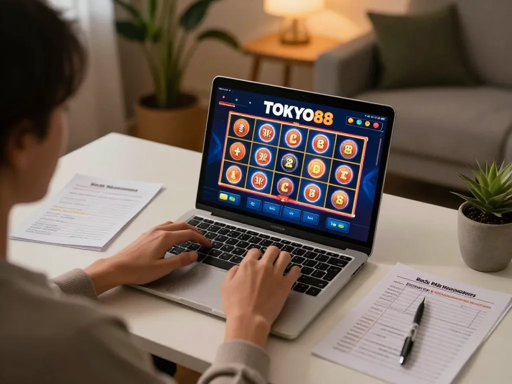 Orang yang terlibat dalam permainan yang bertanggung jawab di platform slot online TOKYO88 di rumah.