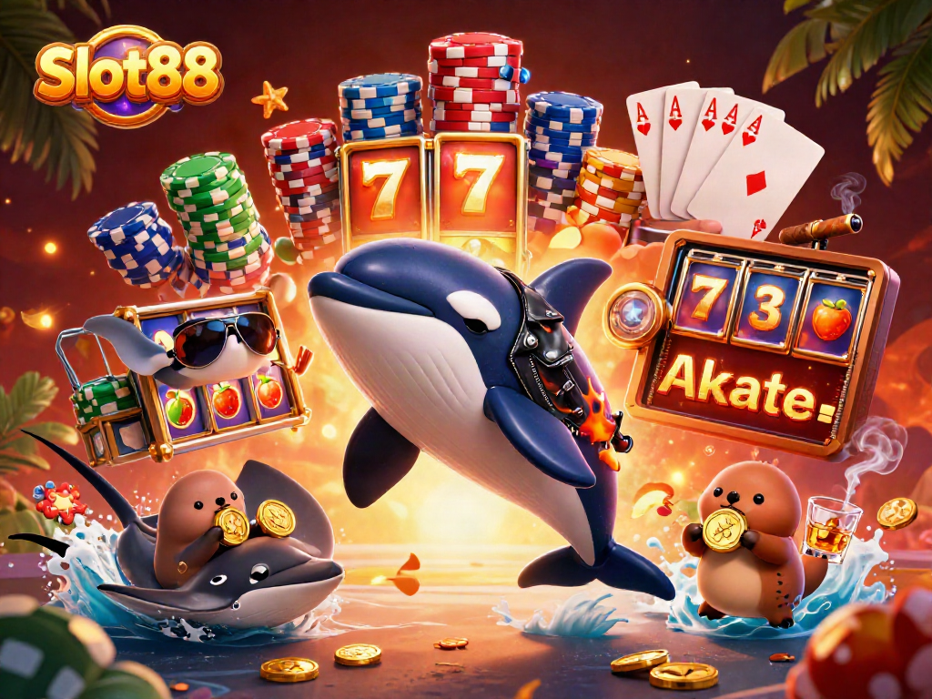 Experience the thrill of Slot88 with orca whales, otters, and colorful slot reels!