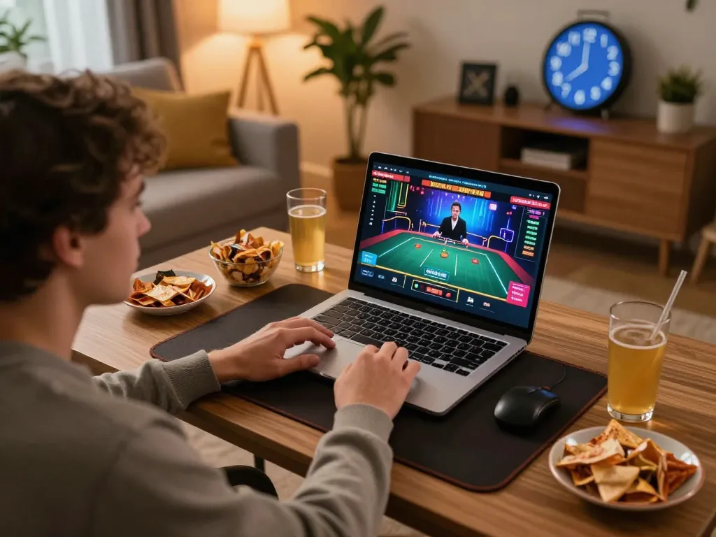 Engaging player at home enjoying Canadian online casinos through a laptop in a cozy setting.