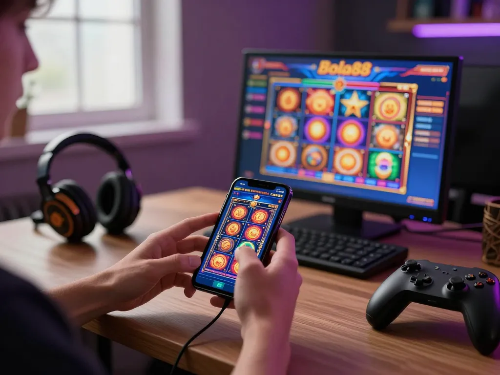 Bola88 Login with a smartphone in a colorful online casino gaming setup.