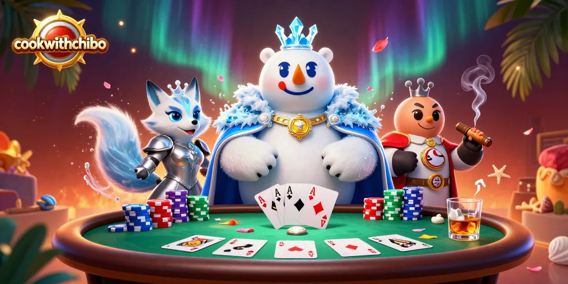 Engage in thrilling gameplay with cookwithchibo while enjoying an exciting poker scene featuring vibrant characters.