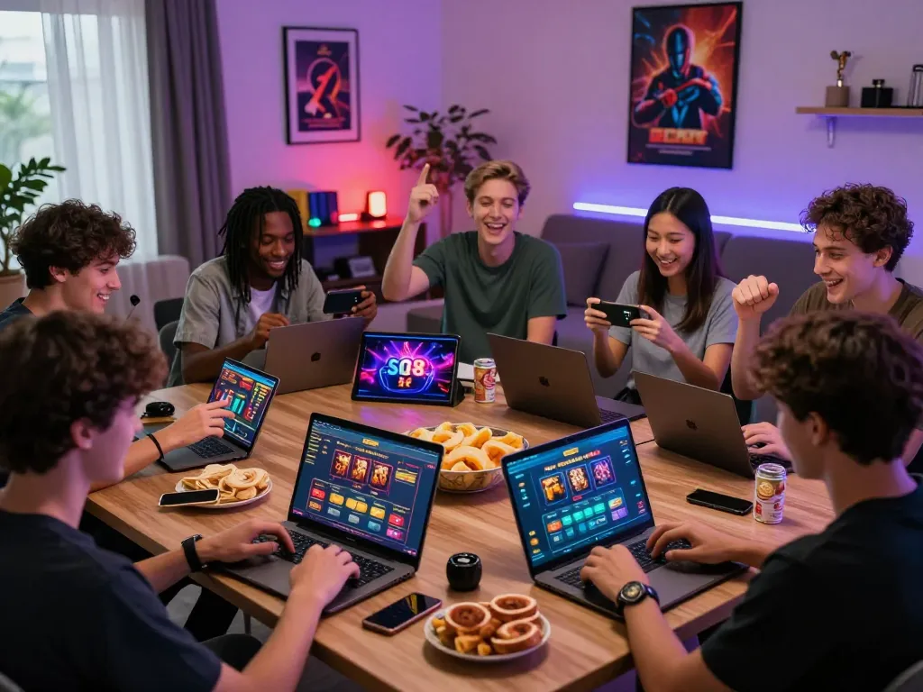 Enjoying the SC88 online gambling experience with friends in a lively home setting.