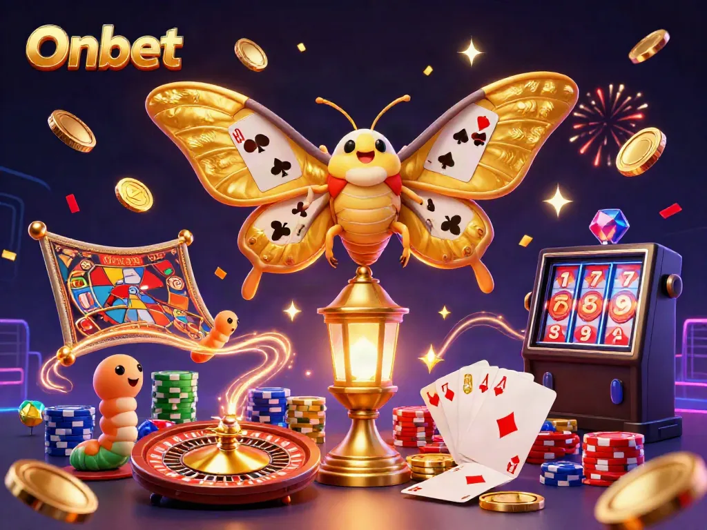 Experience the thrill of Onbet with a vibrant casino-themed 3D illustration showcasing golden butterfly, sparkling gems, and dynamic gaming elements.