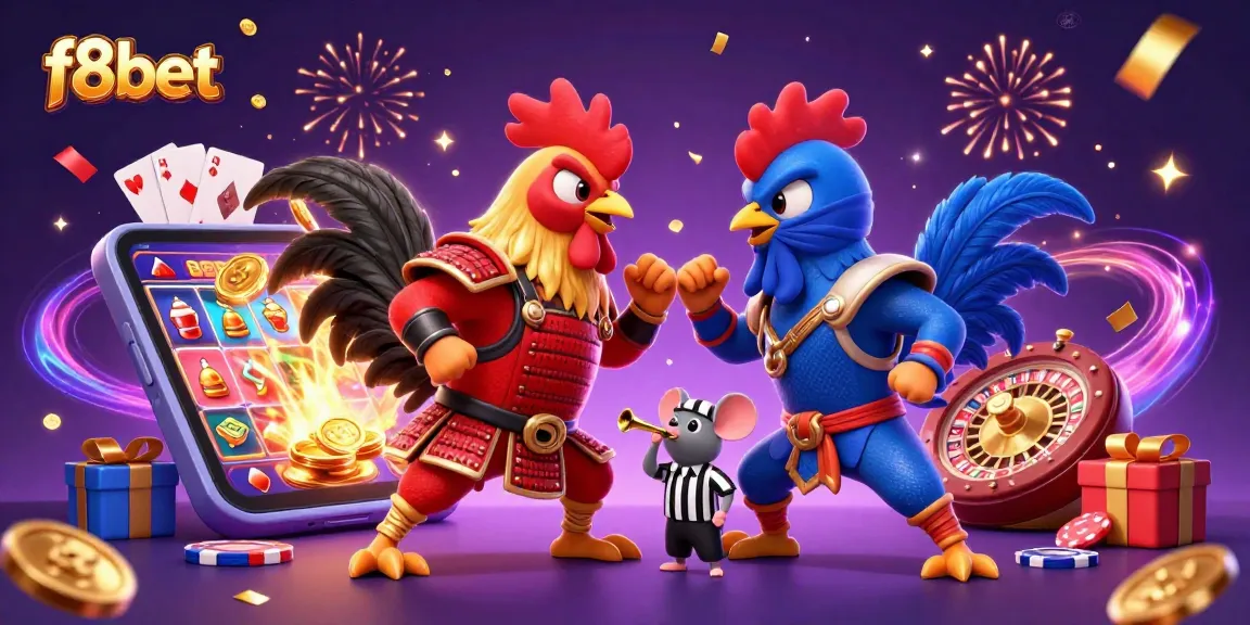 Experience thrilling action with f8bet as cartoon roosters battle in a dynamic casino setting.