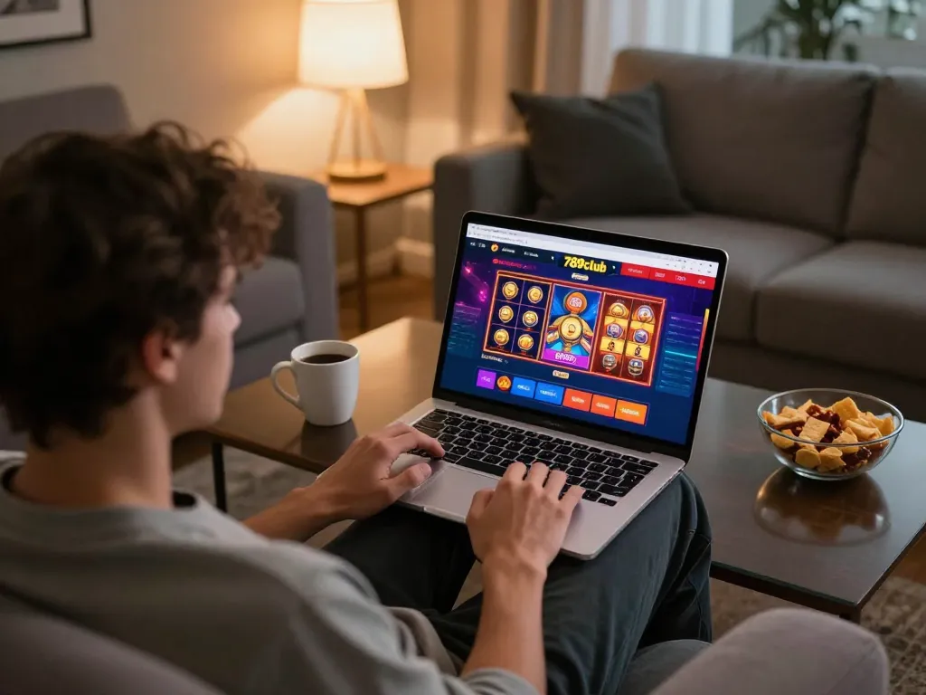 Engaging in online gaming at 789club from a cozy home setup with vibrant casino graphics on display
