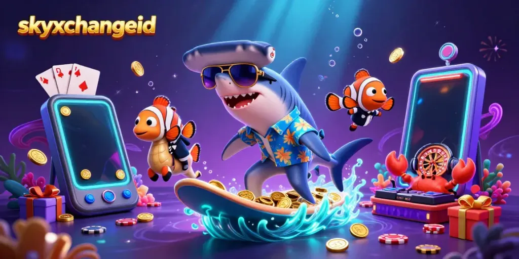Join the action with skyxchangeid as a shark surfs on coins while gaming elements explode in this vibrant casino scene!