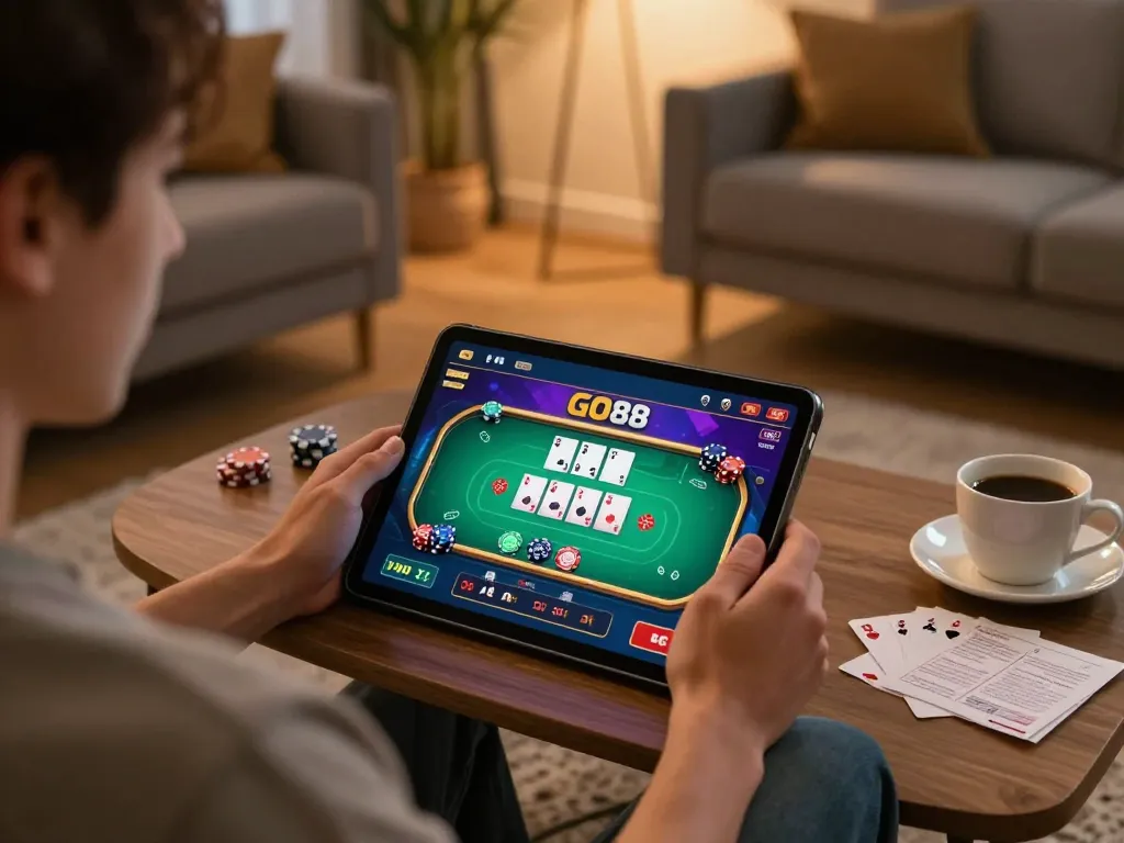 Player engaging with GO88 platform on a tablet during online poker session in cozy home.