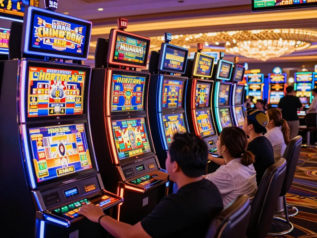 Exciting scene of players enjoying slot gacor hari ini at colorful casino machines.