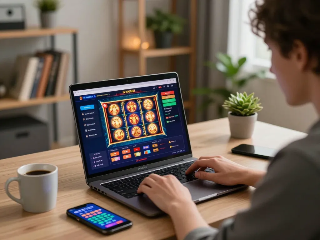 Player engaged in online gaming on snk88, showcasing vibrant slot graphics and a cozy setup.