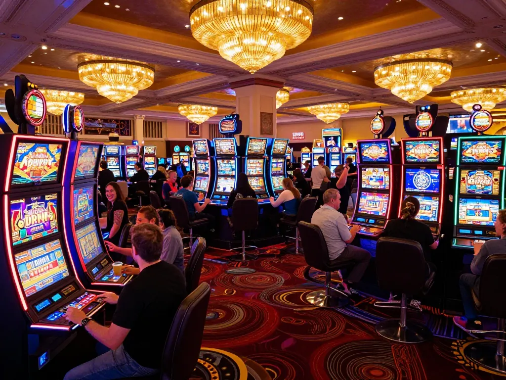 MM88 players celebrating wins at vibrant Las Vegas slot machines in an exciting atmosphere.
