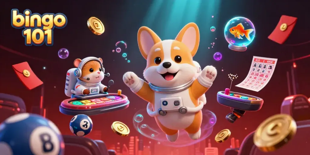 Engage in bingo 101 with a lively scene featuring an astronaut corgi amidst floating bingo balls, coins, and vibrant prize wheels.
