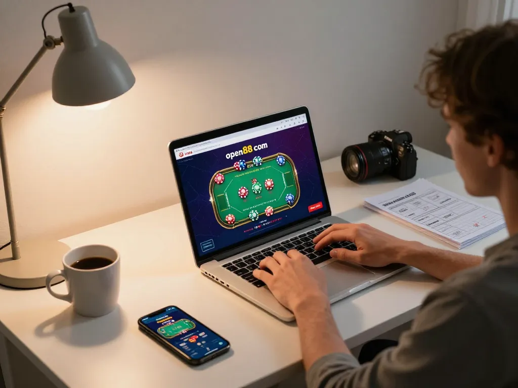Person playing poker on open88 com at home with laptop and coffee, showcasing responsible gaming.