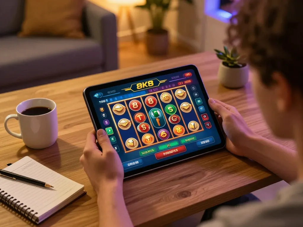 Experience online gaming with 8K8 tablet interface showcasing exciting slot games and cozy ambiance.