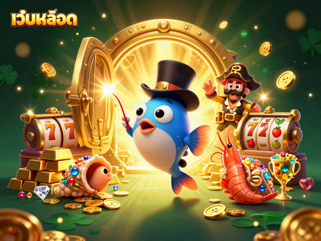 Engaging webสล็อต scene with a cartoon anglerfish attracting coins in a vibrant underwater setting.