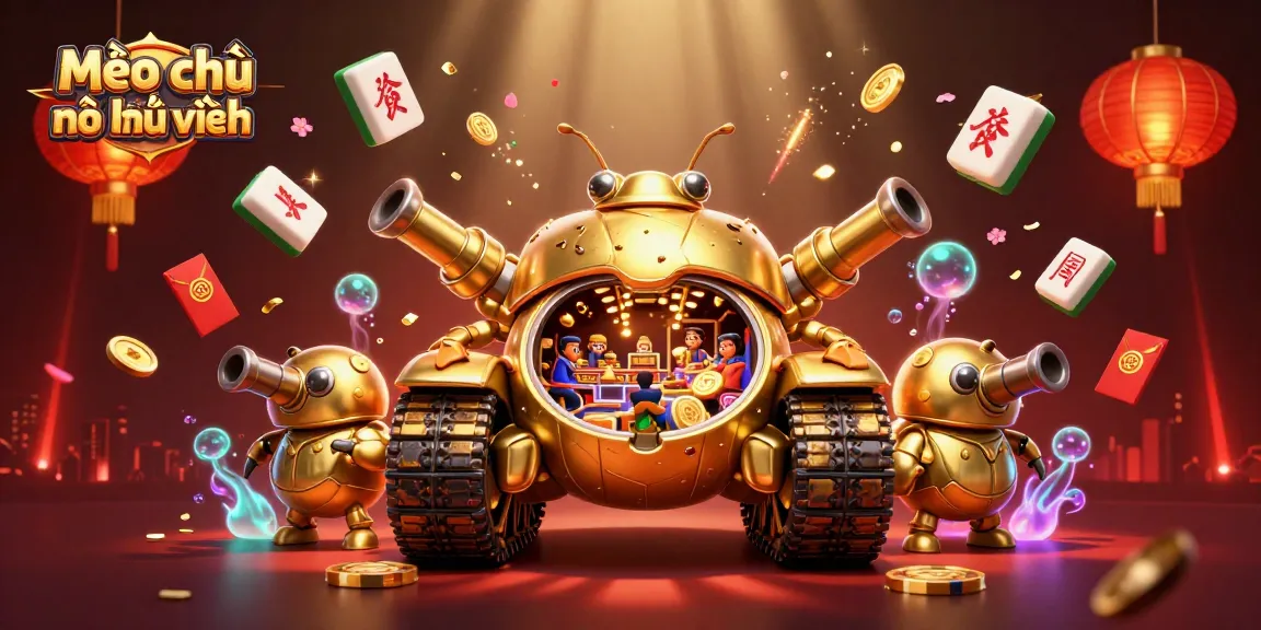 Mẹo chơi nổ hũ luôn thắng illustrated with a golden beetle casino tank and festive game elements