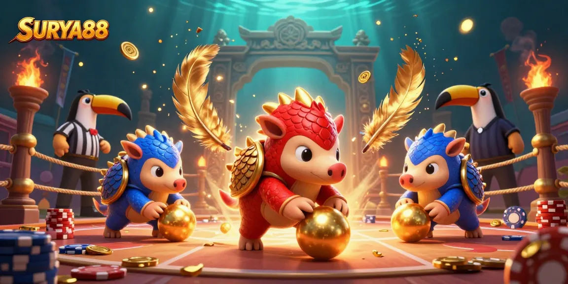 SURYA88 pangolins compete in a vibrant casino-themed match, showcasing dynamic game elements.