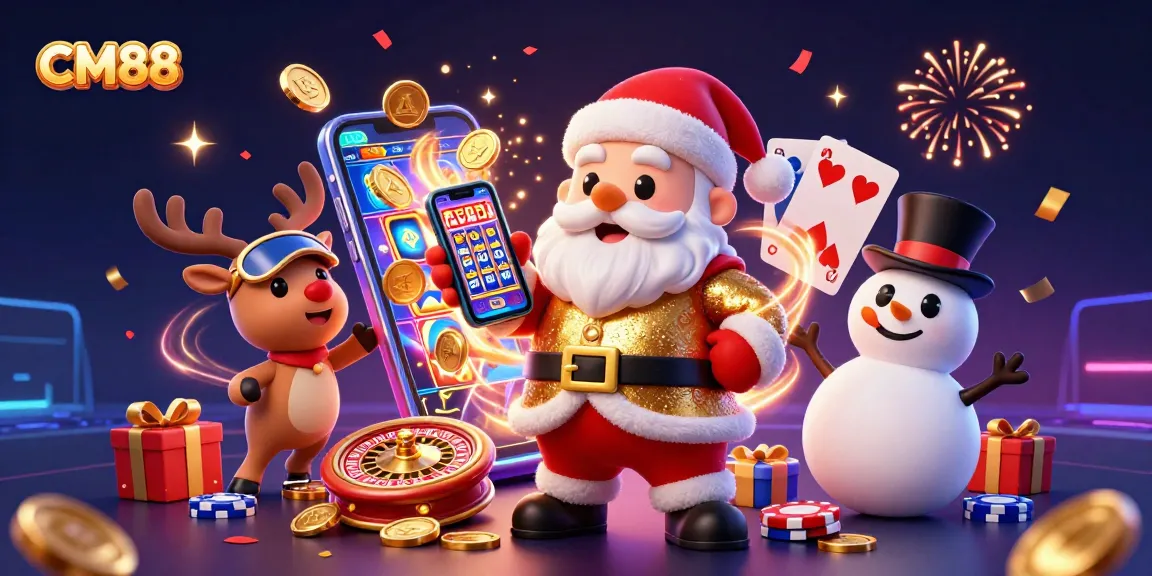 Engage with CM88's festive casino scene featuring Santa, reindeer, and a snowman in a vibrant 3D illustration.