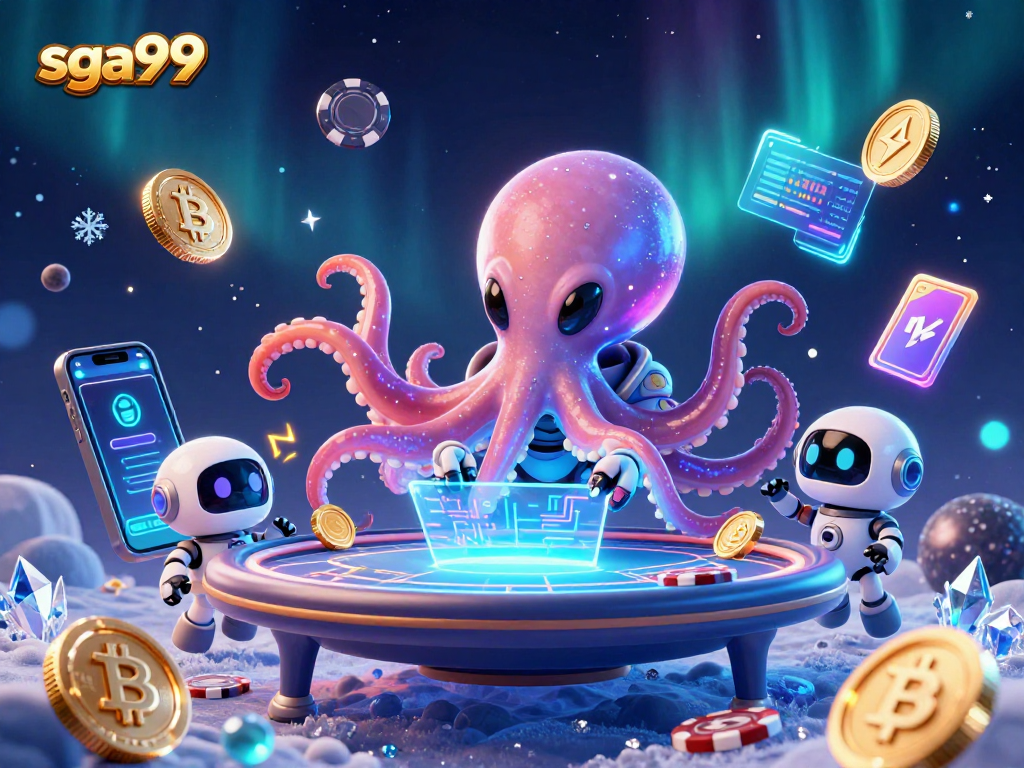 Engage with SGA99's thrilling poker scene featuring an alien octopus and vibrant crypto elements.