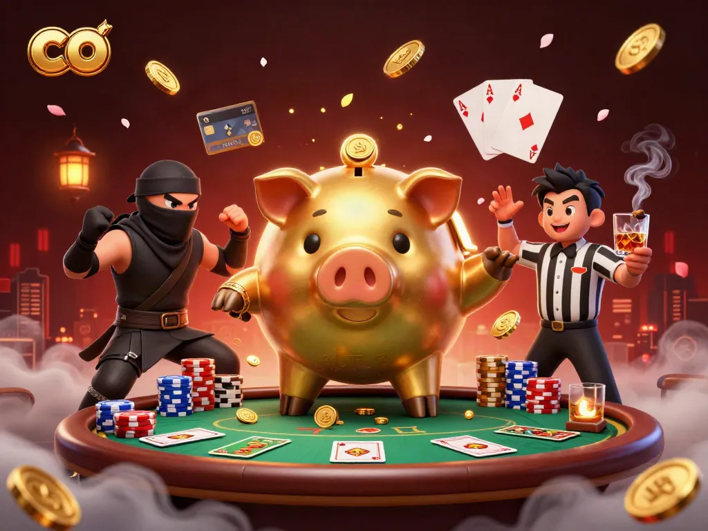 Engage in thrilling casino action with co, featuring golden piggy bank sumo wrestler and dynamic gameplay elements.