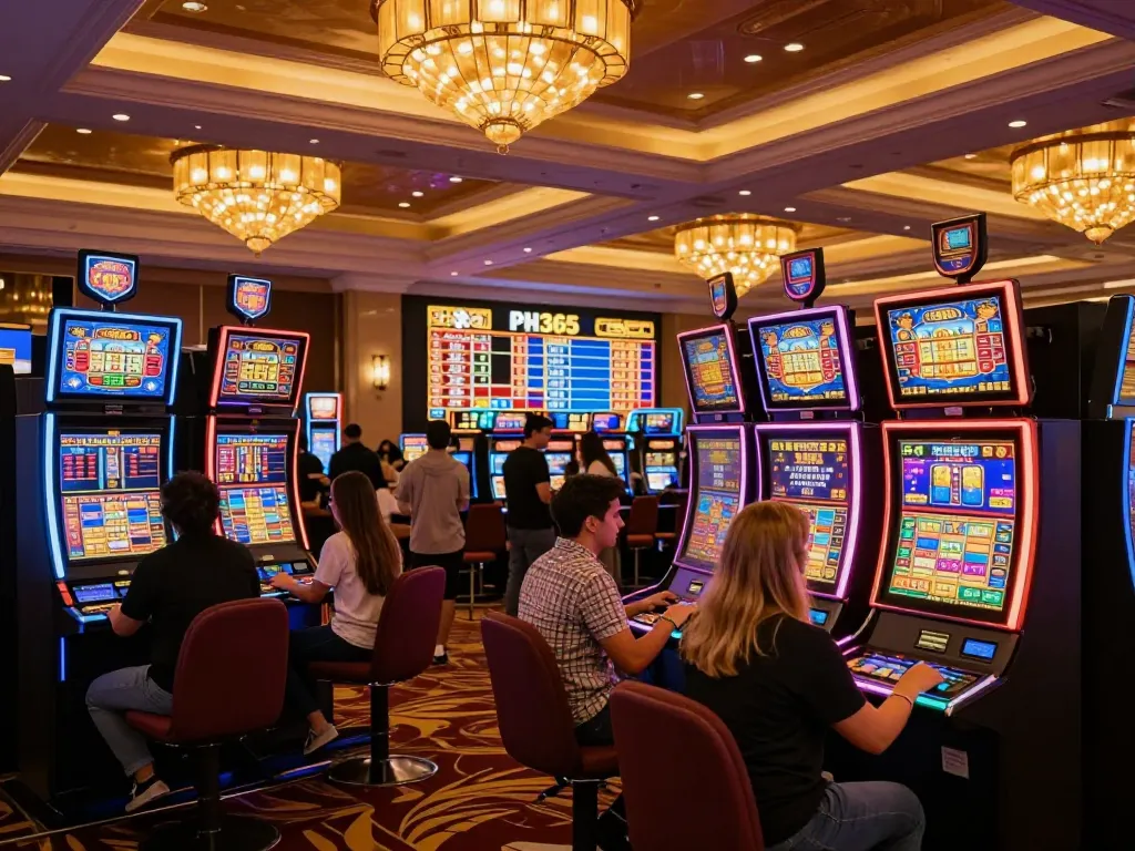 PH365 players engaging with colorful slot machines in a vibrant casino atmosphere.