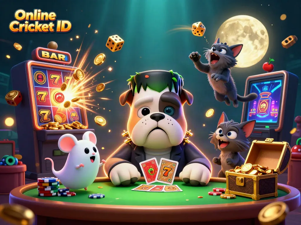 Experience thrilling gameplay with an Online Cricket ID, featuring a vibrant 3D card scene and exciting game elements.