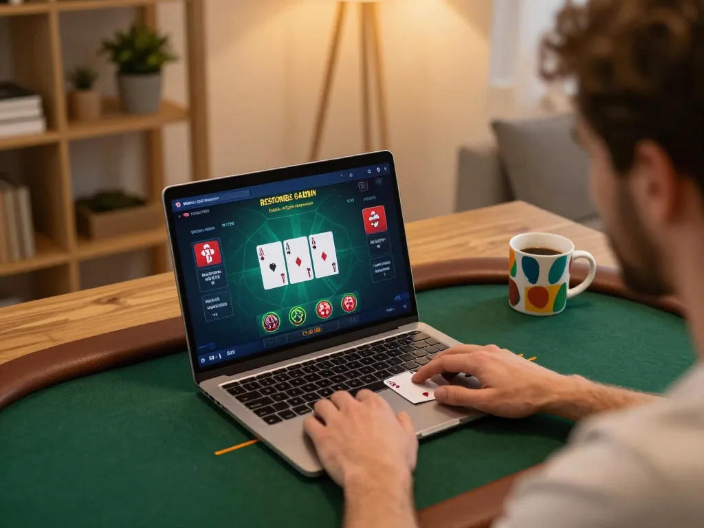 Player using LC88 to enjoy poker while maintaining responsible gaming practices in a cozy home office.