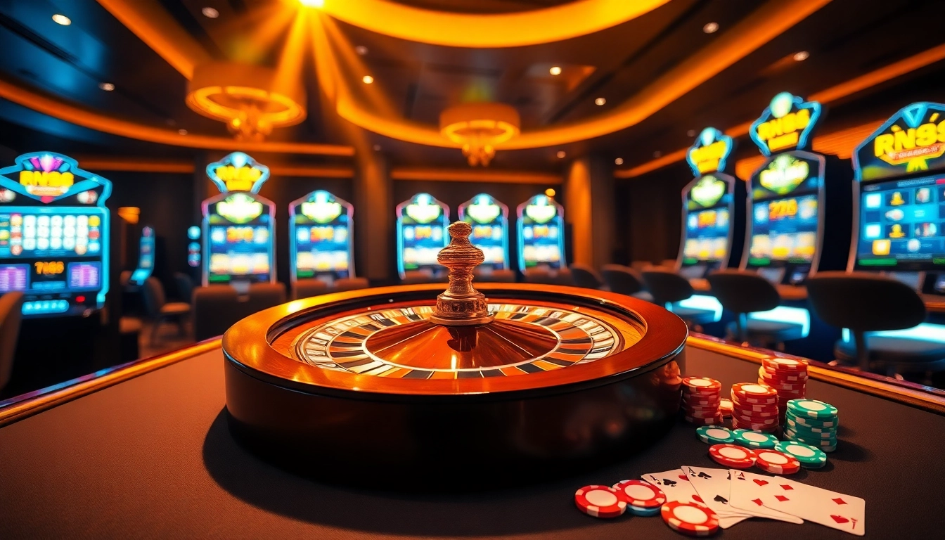 Experience the thrill of RR88 with vibrant casino visuals featuring poker chips and roulette wheels.