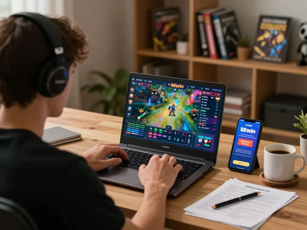 Excited player enjoying game 98win in a cozy home setting with laptop and smartphone.