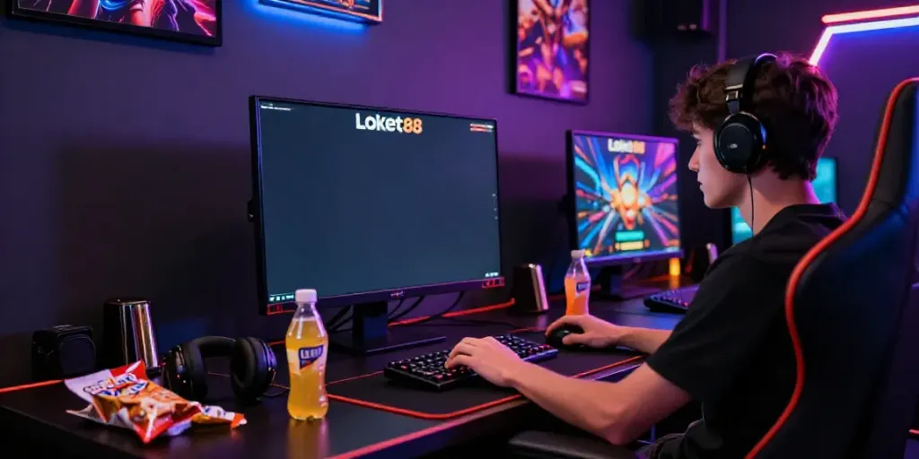 Player enjoying a loket88 slot game with vibrant graphics in a colorful gaming setup.