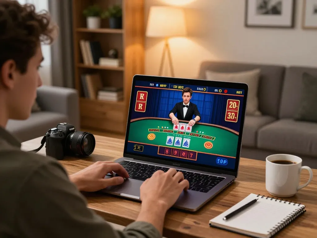Player engaging in online gambling on dinamit4d, showcasing live blackjack action on laptop.