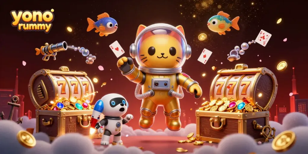 Mainkan yono rummy dengan kucing astronot dan anjing robot dalam ilustrasi 3D penuh warna.